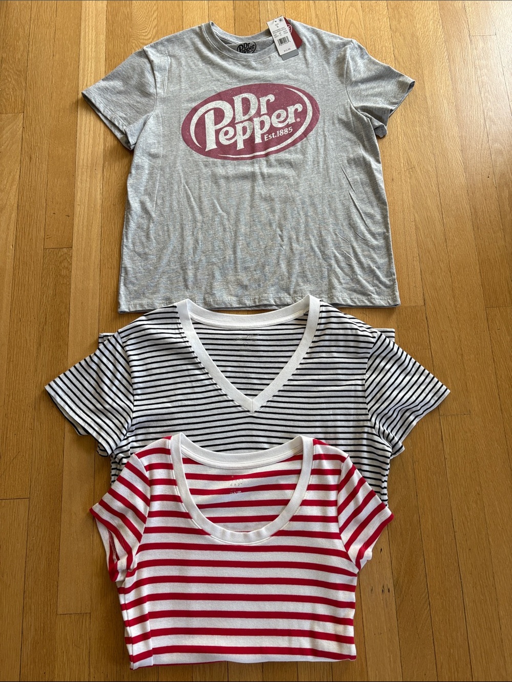 3 T-shirts Large. nwt Dr Pepper, red stripe and blue stripe. Like new!12